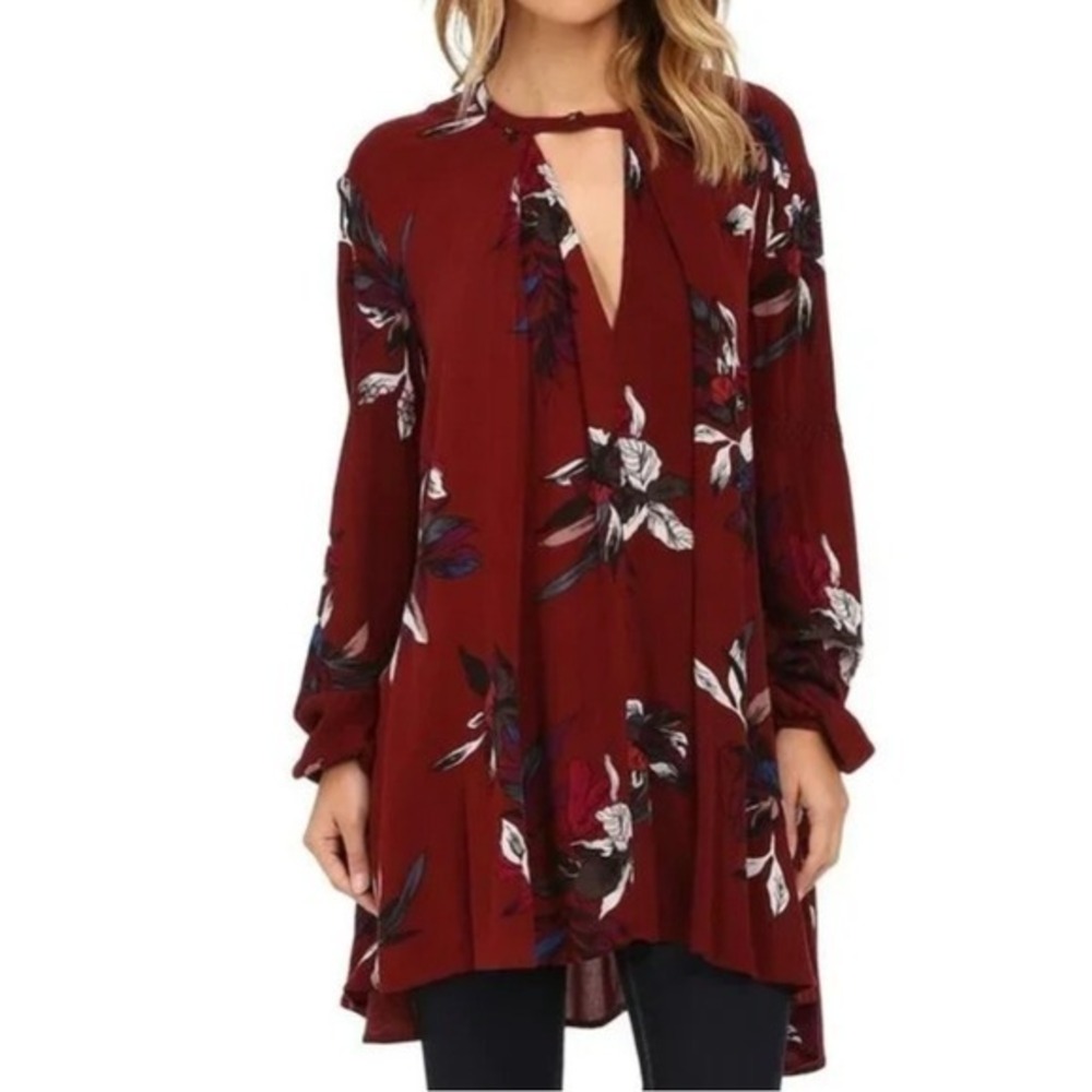 Free people boho floral‎ cottagecore long sleeve mini dress tunic size Small